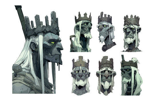 Undead lich king cartoon vector set. Head grey stone skin glowing green eyes spiked iron crown long white hair fantasy character living corpse avatars