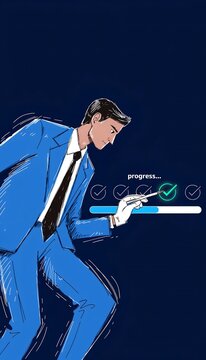 Businessman in a blue suit using a stylus on a digital interface with checkmarks and a progress bar, representing project management and task completion.