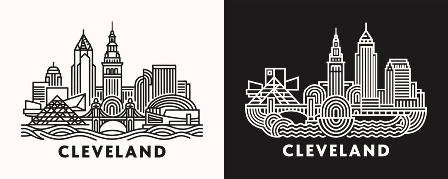 Cleveland Ohio city skyline line art illustration with downtown buildings and architectural silhouettes in minimalist vector outline style