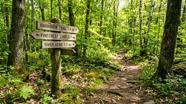 Forest trail signpost directing to Oakheaven, Pinecrest, and River Bend paths