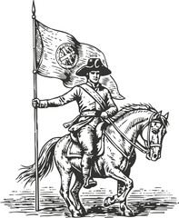 Fototapeta premium Vintage engraving of a soldier on horseback holding a flag with military uniform and hat
