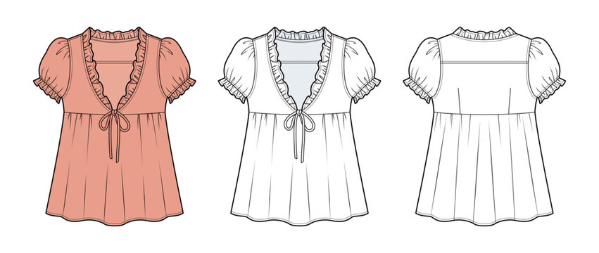 Women's Puff Sleeve Babydoll Top Technical Fashion Flat Sketch CAD Vector Template. Front and Back View Tech Pack Design.