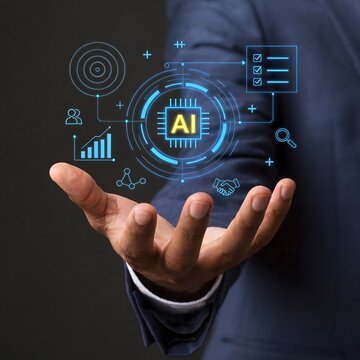 Businessman in a dark suit holding a glowing holographic AI interface with business icons, gears, and data charts, representing artificial intelligence in corporate strategy.