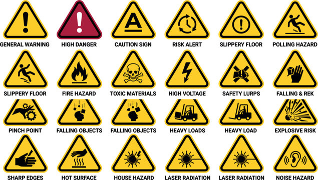 Set of 24 safety warning and hazard icons with yellow background