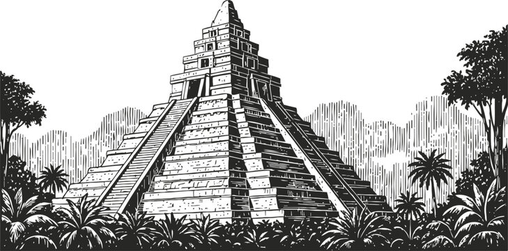 Ancient mayan pyramid engraving stone stepped temple with jungle landscape black and white illustration