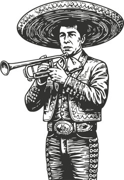 Mariachi musician playing trumpet wearing traditional charro suit and sombrero hat