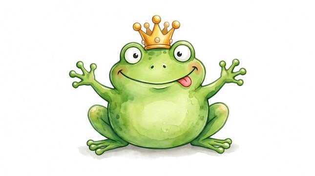 A cute watercolor illustration of a happy green frog wearing a tiny golden crown, smiling with its tongue out and arms spread wide against a clean white background.