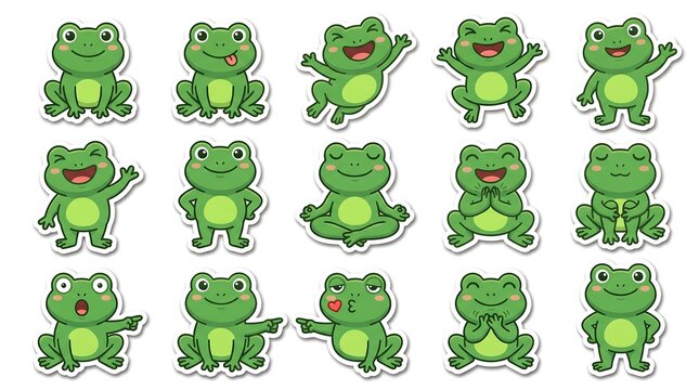 A delightful collection of cute green frog stickers showing various emotions and poses, from happy and waving to meditating and blowing a kiss.