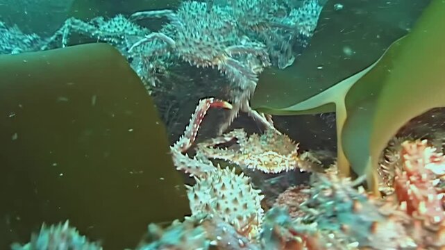 Witness a spectacular migration of large Red King Crabs, Paralithodes Camtschaticus, traversing the frigid seabed of the Arctic's cold waters. An amazing marine journey.