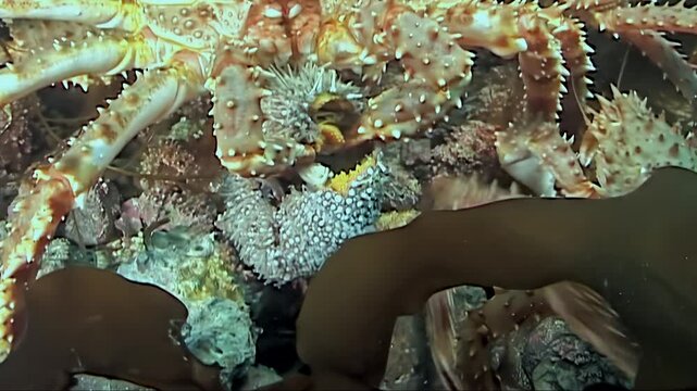 Giant Red King Crabs, Paralithodes Camtschaticus, undertake a majestic migration across the vast, frigid seabed of the Arctic. Their ancient journey unfolds in the deep, cold ocean waters.