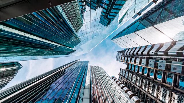 Motion time lapse view of a low angle view looking up at the skyline of the financial district in London, modern architecture as a background