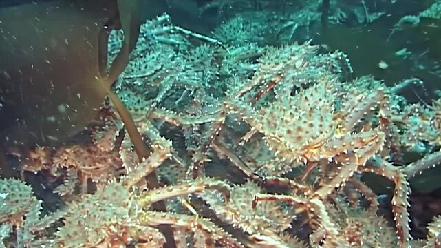 A vibrant horde of large red King Crabs, Paralithodes Camtschaticus, moves slowly across the Arctic seabed. This magnificent migration unfolds in the cold, mysterious ocean depths, a natural wonder.