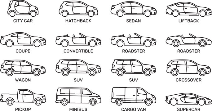 Automobile body type infographic vector with minimalist monoline car silhouettes isolated on white