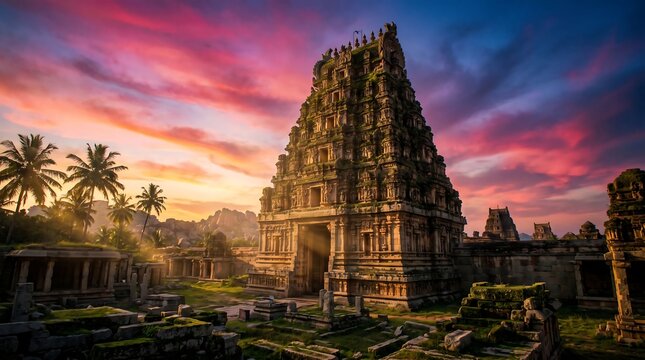 A low-angle, cinematic view of an ancient Hindu temple tower rising majestically against a vibrant pink and orange sunset sky, surrounded by ruins and palm trees.