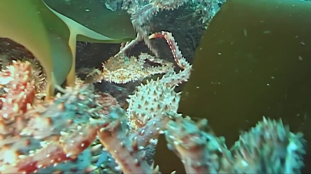 Witness the silent, grand migration of numerous large red King Crabs, Paralithodes Camtschaticus, as they journey across the mysterious seabed in the frigid, cold waters of the Arctic.