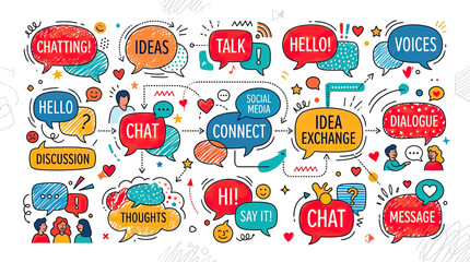 Naklejka premium Communication and Connection: Speech Bubbles, Social Media, Dialogue, Ideas