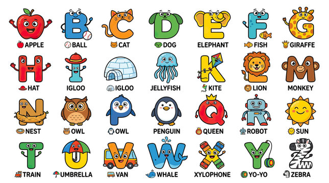 Children's Alphabet Chart with Animals and Objects - A to Z