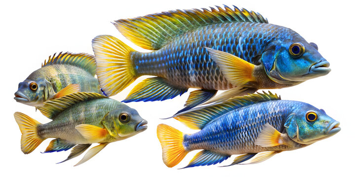 Vibrant Cichlid Fish Group Swimming Isolated on White Background