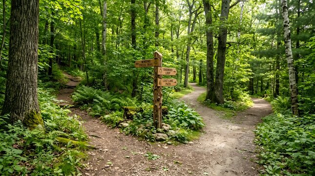 Forest path splits at wooden signpost, guiding hikers to different directions.