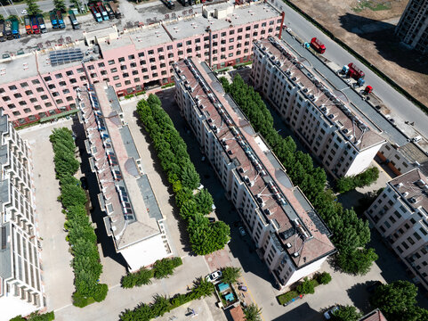 Aerial view of residential district in Rizhao city with orderly apartment buildings and greenery