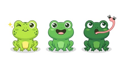 Fototapeta premium Three adorable cartoon frogs with cheerful expressions; one winks, one smiles happily, and the third catches flies with its long pink tongue against a clean white background.