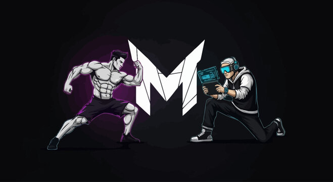 Fitness Man vs Gamer, Digital World vs Physical Strength, Metaverse Concept