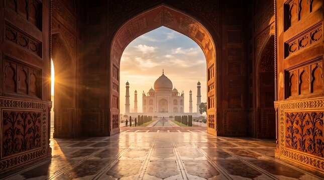 A breathtaking view of the Taj Mahal at sunrise, perfectly framed by the intricate red sandstone arches of the mosque balcony as morning light bathes the monument in gold.