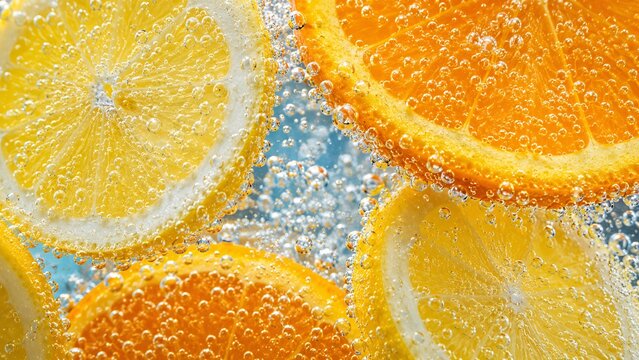 Macro close-up of fresh bright orange slices floating in sparkling fizzy water with bubbles