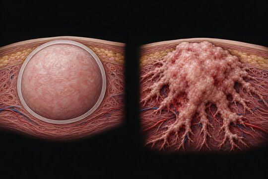 Benign and Malignant Tumor Comparison Scientific Illustration