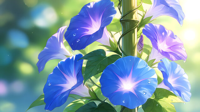 朝露に濡れて咲く青いあさがお、瑞々しく清涼な夏の雰囲気、夏・和風広告向け