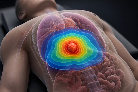 Radiation therapy dose map over chest tumor