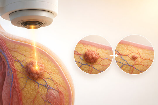 Targeted radiation shrinking breast tumor medical illustration