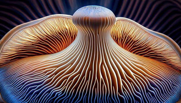 abstract macro background of portobello mushroom bottom cap futuristic look of wavy line shape forms close up surface