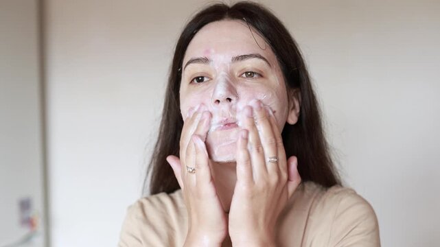 Young Caucasian woman washes face with foam cleanser. Applies cleansing foam to skin in close up slow motion. Healthy skincare beauty routine concept.
