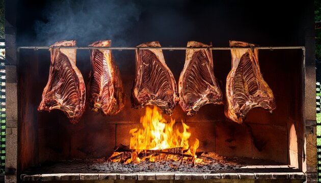 argentine asado with glowing embers and hanging meat