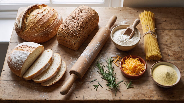 Freshly sliced artisan bread with ingredients on rustic wooden board top view