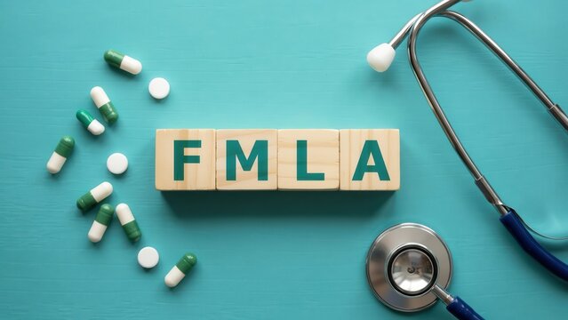 FMLA Abbreviation on Wooden Blocks with Stethoscope and Pills on Blue Background