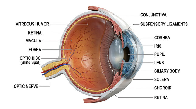Detailed cross section medical illustration of the human eye showing anatomy with labeled parts including the cornea lens retina optic nerve and other internal structures