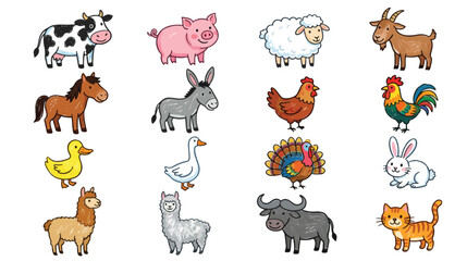 Fototapeta premium Cute Crayon Farm Animals Collection Hand Drawn Kids Style Vector