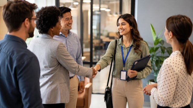 Professional colleagues greeting with handshake in a modern office, smiling and introducing a new team member during onboarding