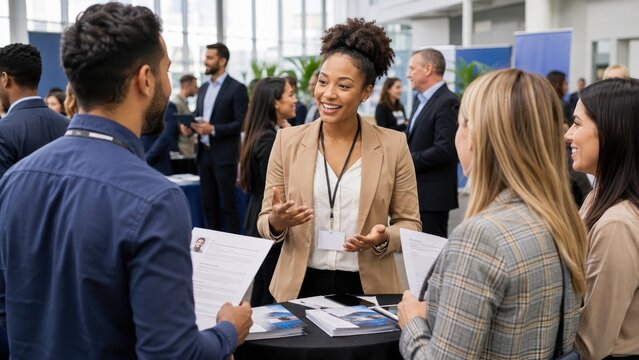 Recruiter engaging job seekers at a busy career fair with resumes and brochures on a networking booth