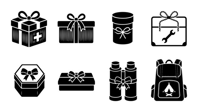 Gift Boxes PNG Assortment with Ribbons, Camping Gear, Medical Kit