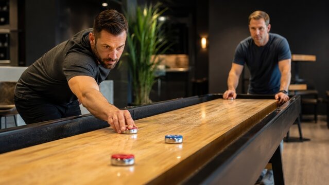 Two men playing shuffleboard on a long wooden table in a modern lounge game room, focused on sliding pucks during a casual competitive match