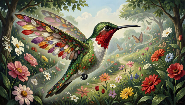 Illustration of a devastating surrealist botanical fantasy oil painting &mdash; a hummingbird &mdash; hovering &mdash; in a garden