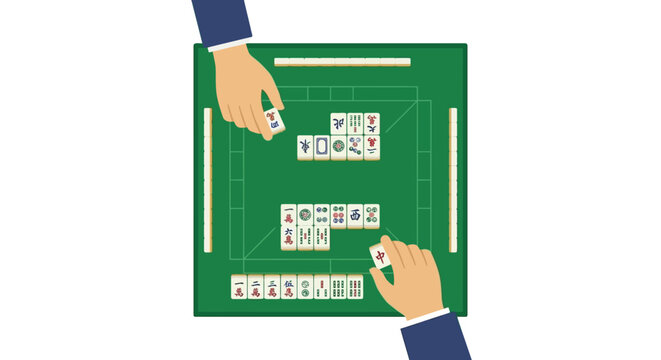 Hands playing mahjong tiles on green table.