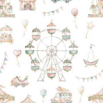 Amusement park seamless watercolor pattern with Ferris wheel, balloons and carnival elements in gentle pastel palette. Fair background for nursery wallpaper, baby textiles, and party design