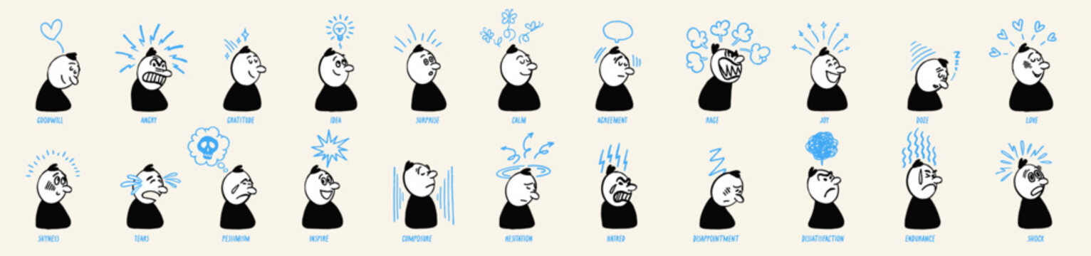 Comic doodle character faces set with expression and motion effects showing emotions like joy, anger, and hesitation in a clean hand drawn style. Comic character expressions with simple line details.