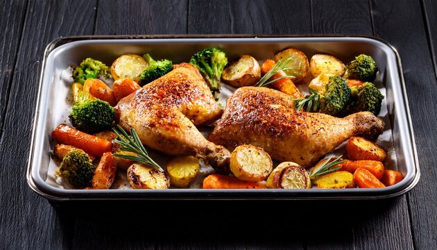 roasted chicken thighs with vegetables and potatoes on baking sheet