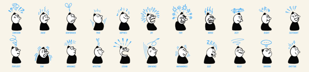 Comic doodle character faces set with expression and motion effects showing emotions like confusion, happiness, and fury in a clean hand drawn style. Comic character expressions with simple line © ✦ Bizarre Factory ✦
