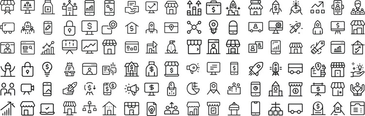 Fototapeta premium A collection of business-related line icons arranged in a grid, representing various commercial concepts and services.